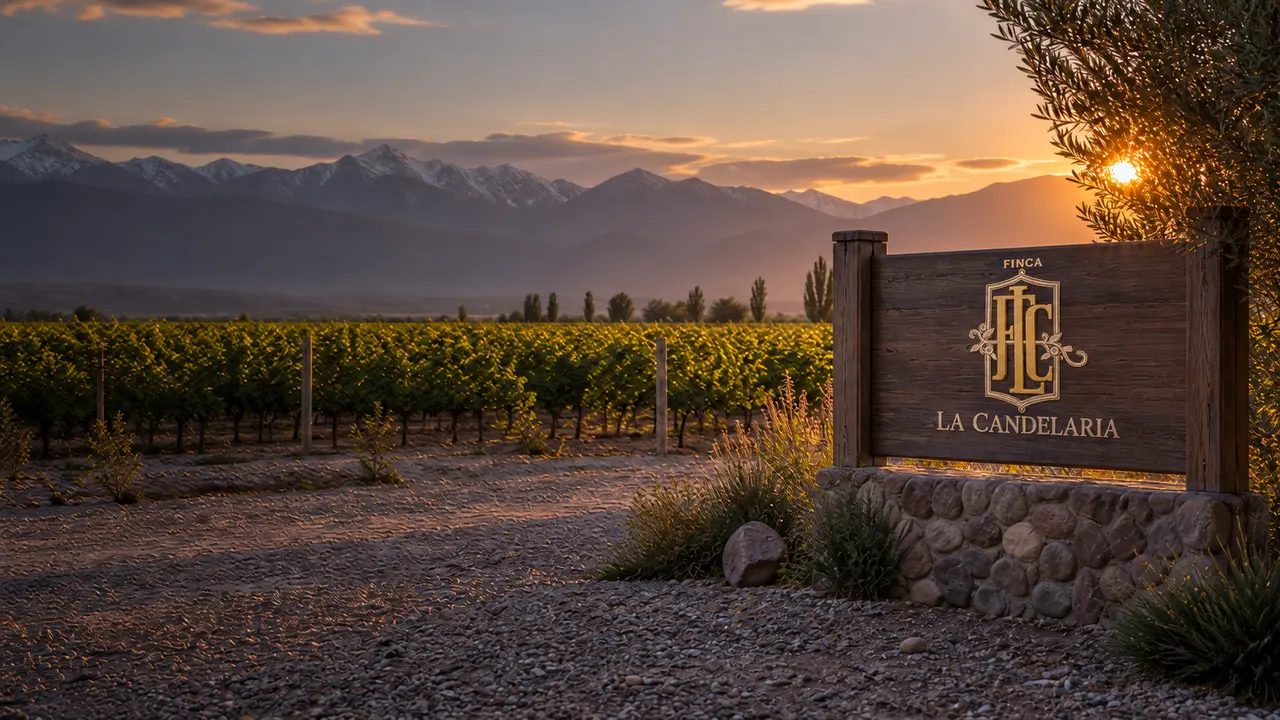 Viñedo de Finca La Candelaria al atardecer, con el cartel de la finca; imagen ilustrativa