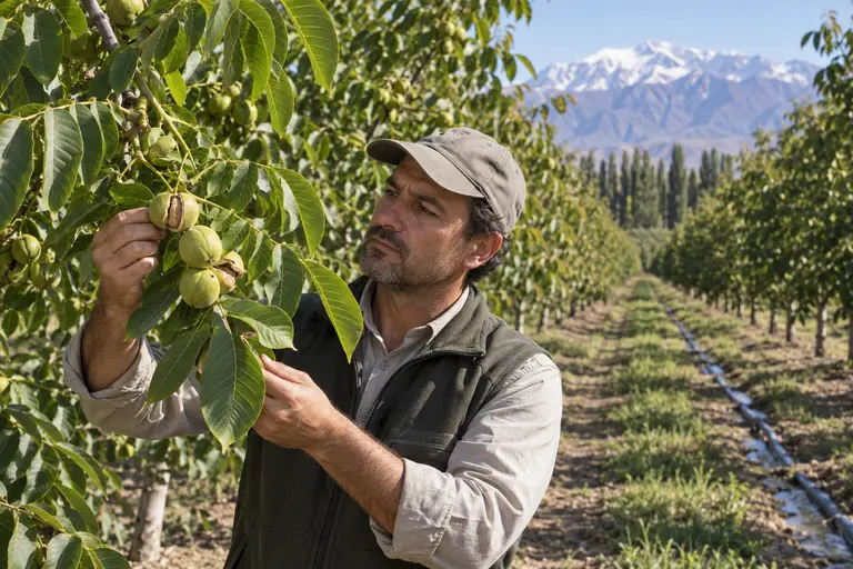 Productor revisando nueces en un nogal; imagen ilustrativa
