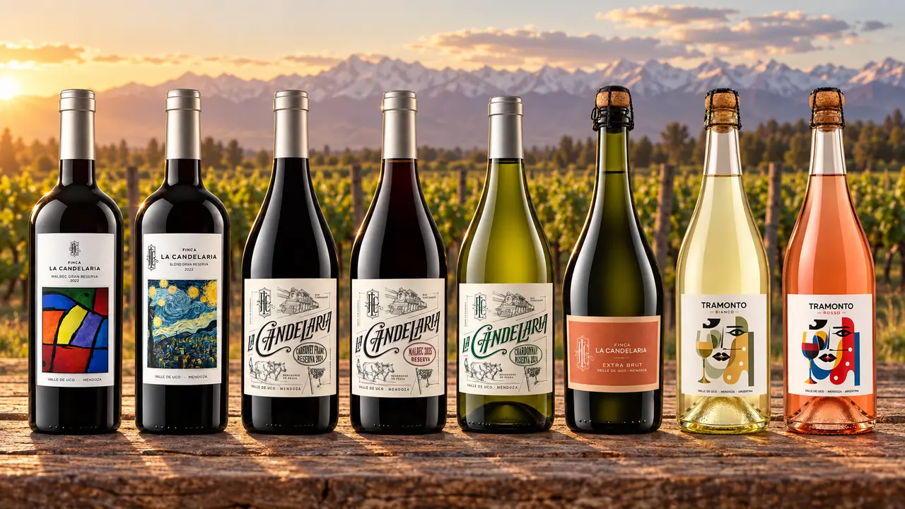 Las ocho botellas de Finca La Candelaria y Tramonto sobre una mesa de madera, con el viñedo de fondo; composición ilustrativa