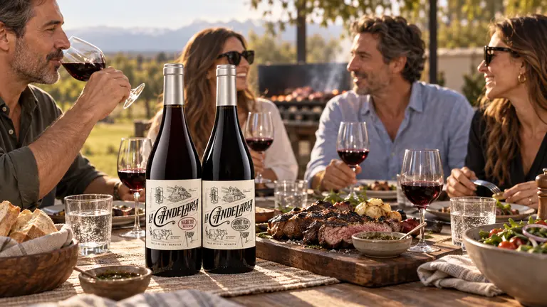 Amigos compartiendo un asado con Malbec y Cabernet Franc Reserva; imagen ilustrativa