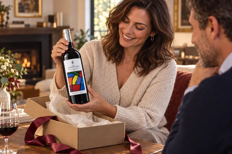 Una persona descubre un vino de Finca La Candelaria al abrir un regalo; imagen ilustrativa